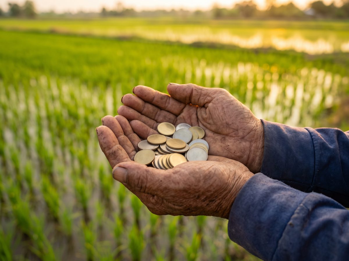 Farmer's weathered hands holding a pile of coins beside a green rice paddy field, symbolizing cost savings