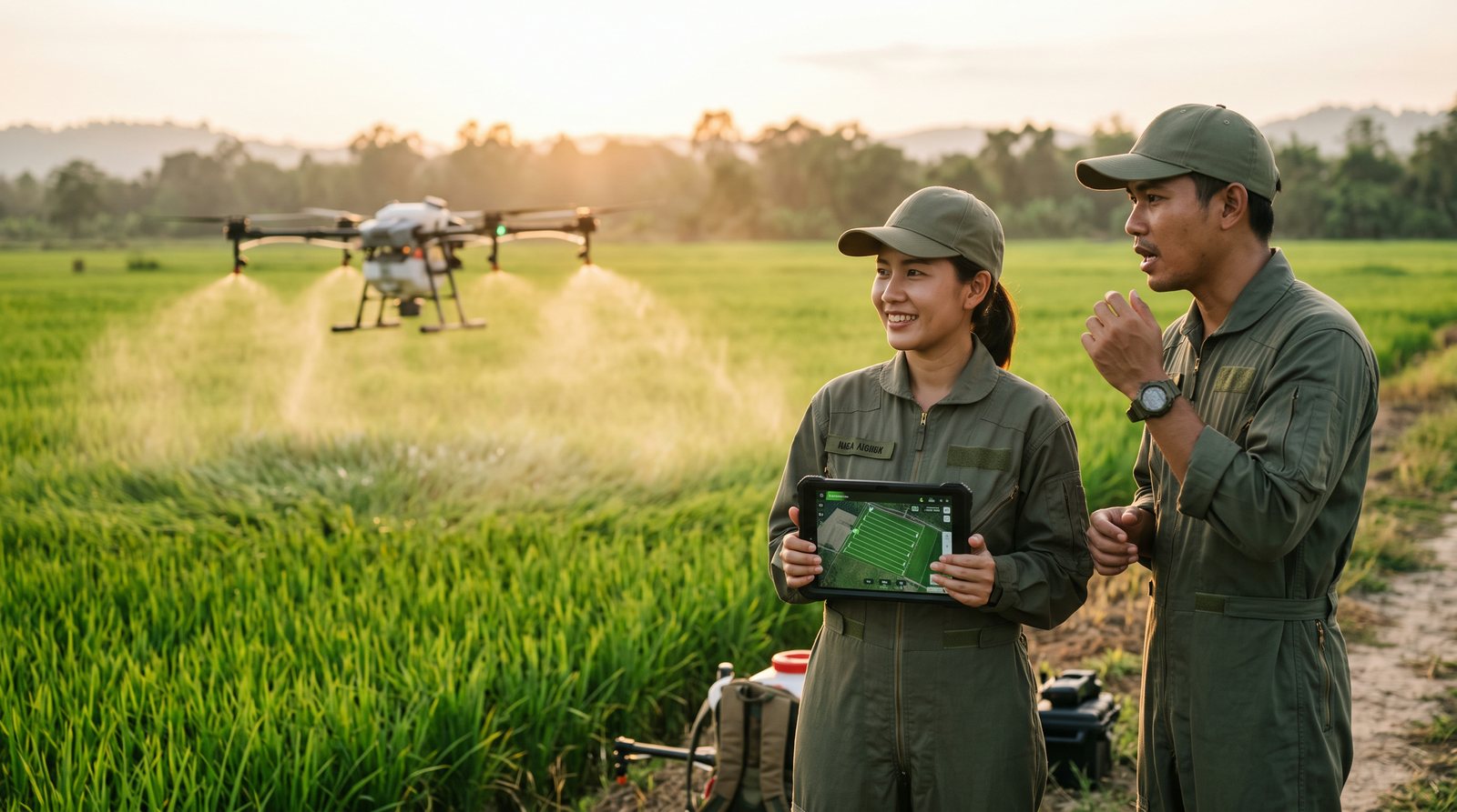Two Drone X pilots in a field reviewing flight data on a tablet controller