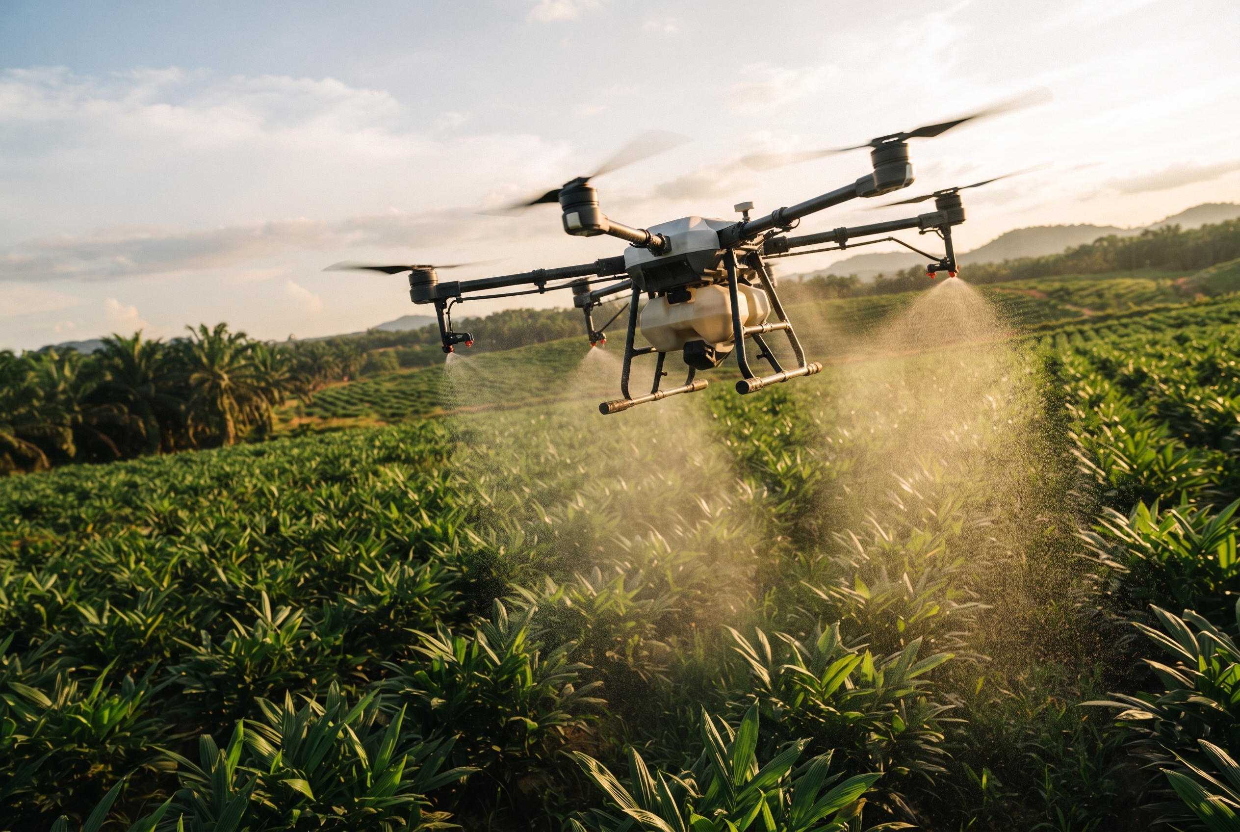 Agriculture drone spraying a fine mist over crop rows during a job