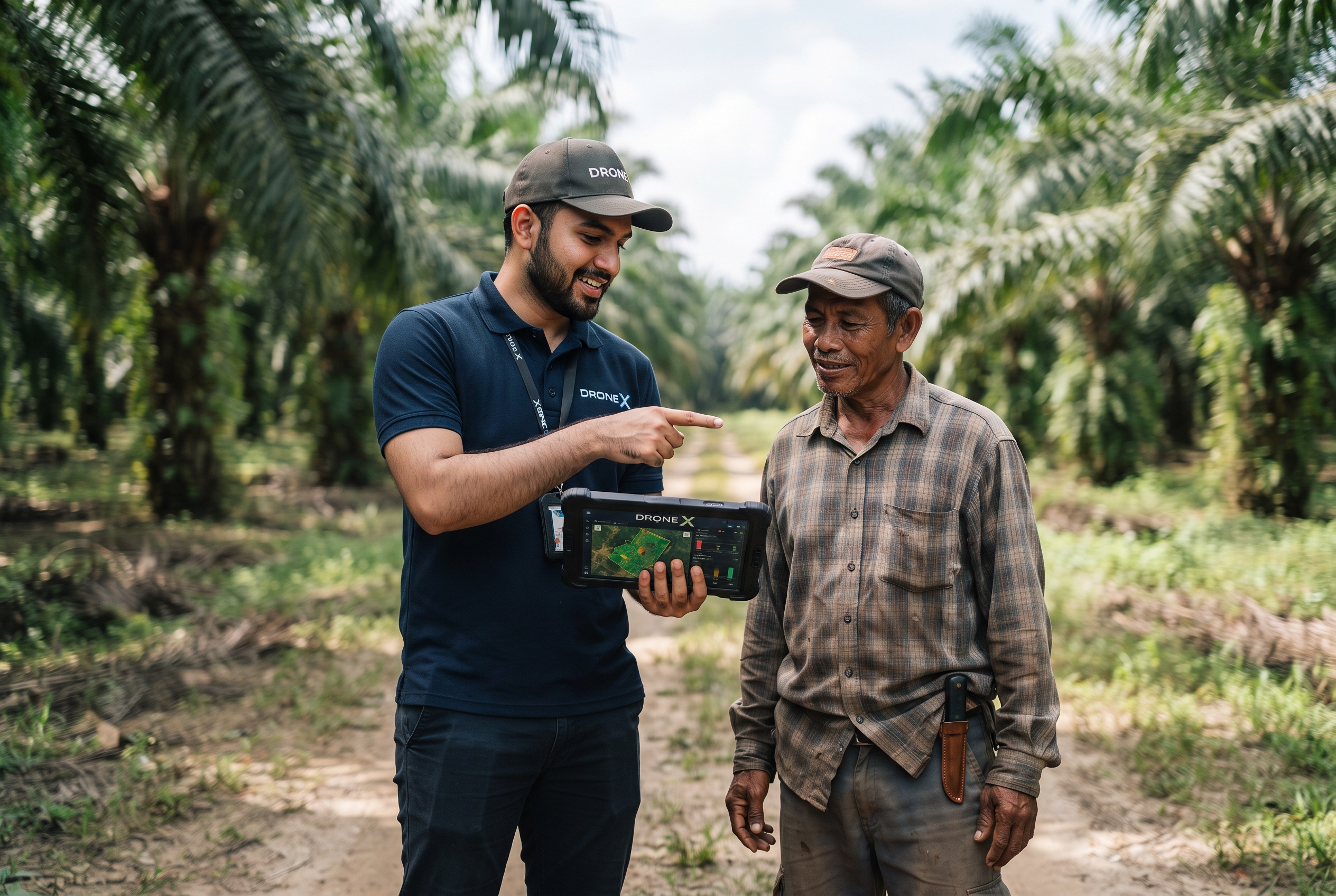 Drone X consultant reviewing farm data on a tablet with a farmer in an oil palm plantation