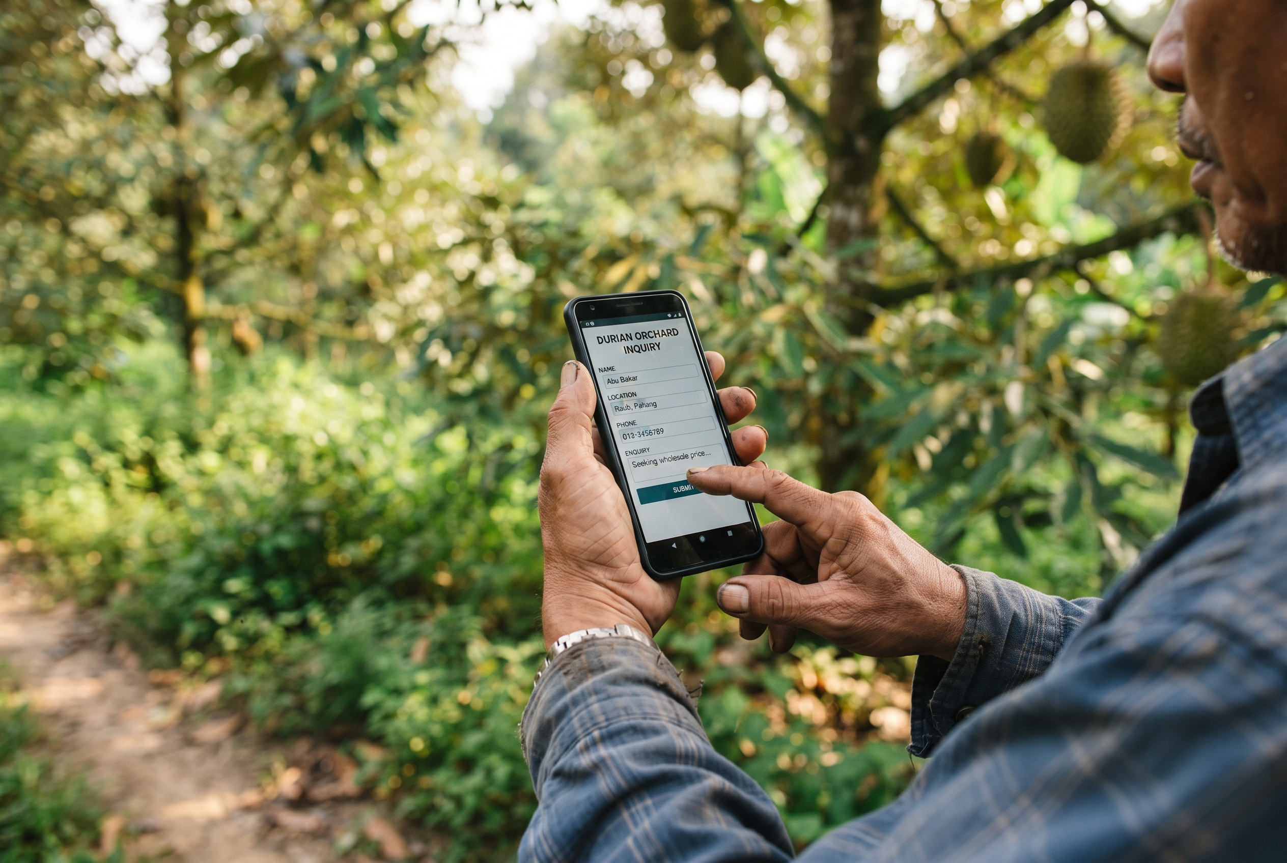 Farmer's hands filling in a simple inquiry form on a smartphone at the edge of a durian orchard